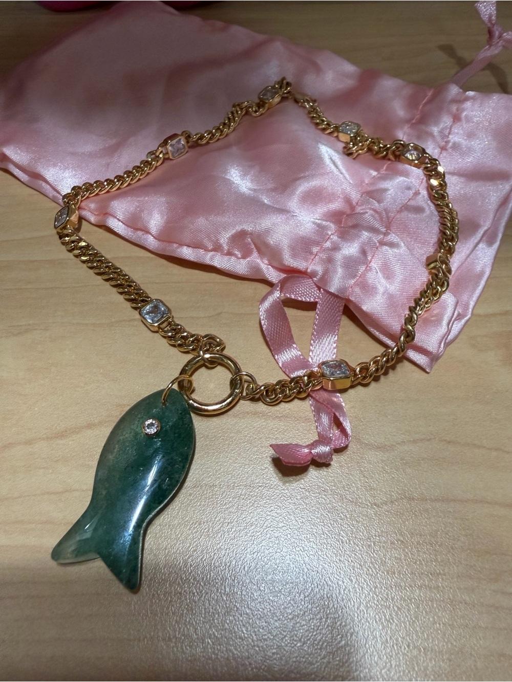 Gold Chain Necklace with Green Jade Fish Pendant